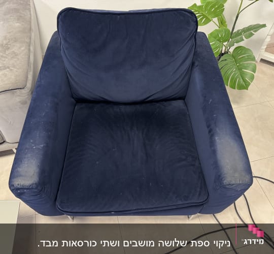ספה כחולה עם כתמים על הידיות והריפוד